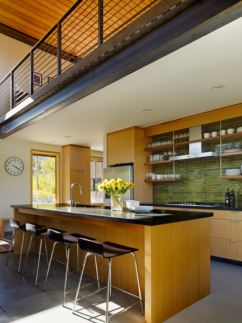 Subway Ceramic Tiles with Light Color Cabinets and Absolute Black Granite